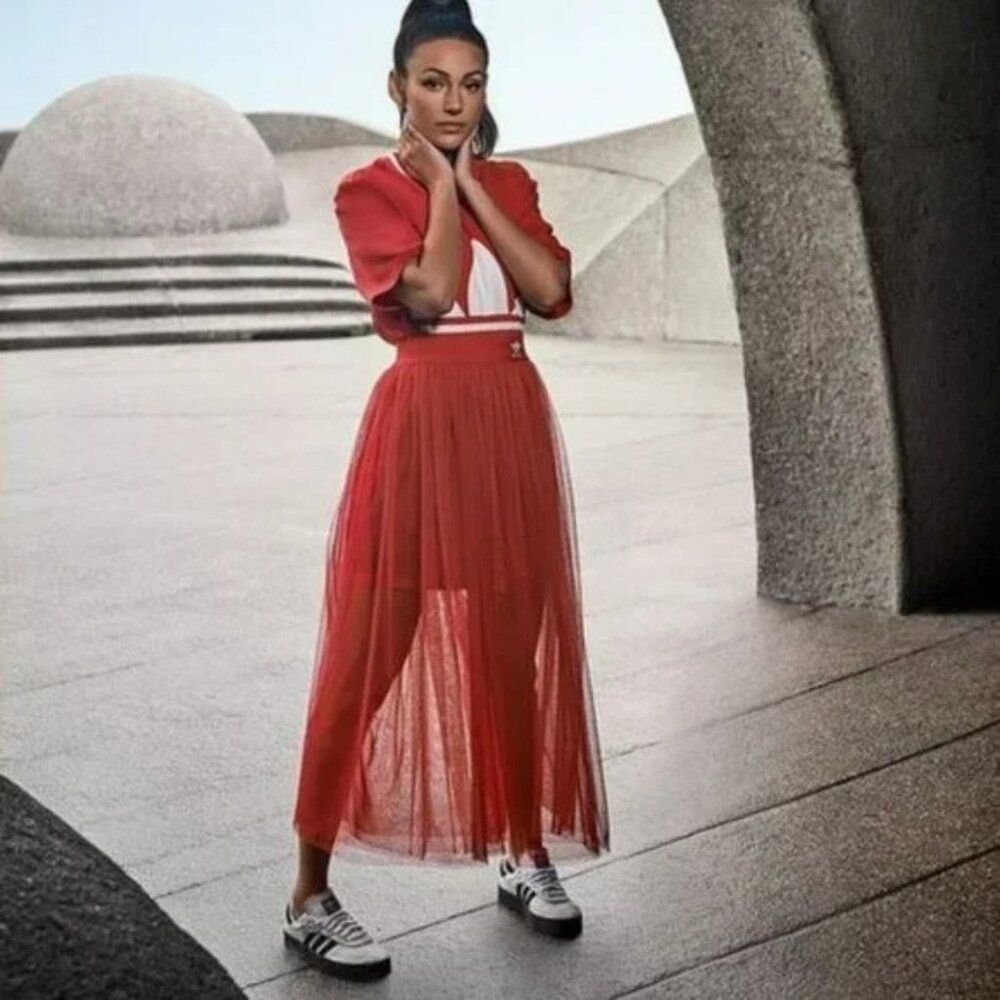 💥HOT ITEM!💥ADIDAS Edgy Chic Pleated Tulle Midi Skirt in Bright Red - Picture 3 of 14